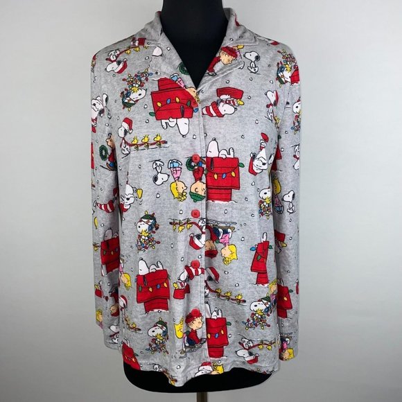 Peanuts XS Christmas Holiday Pajama Button Down Shirt Snoopy Charlie Sally Brown - Picture 1 of 11